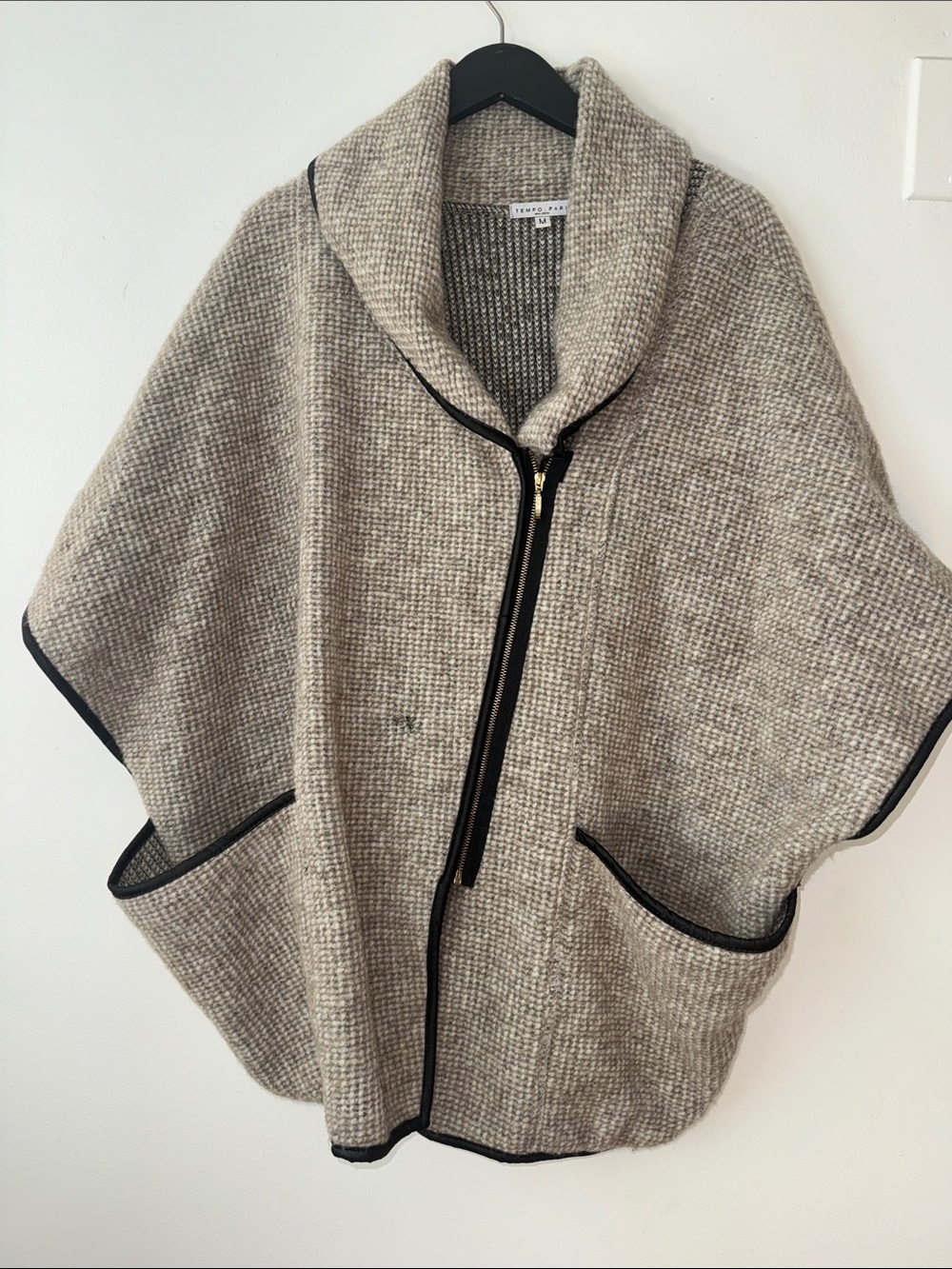 Sleeveless Zip-Front Wool Blend Poncho Sweater - Beige